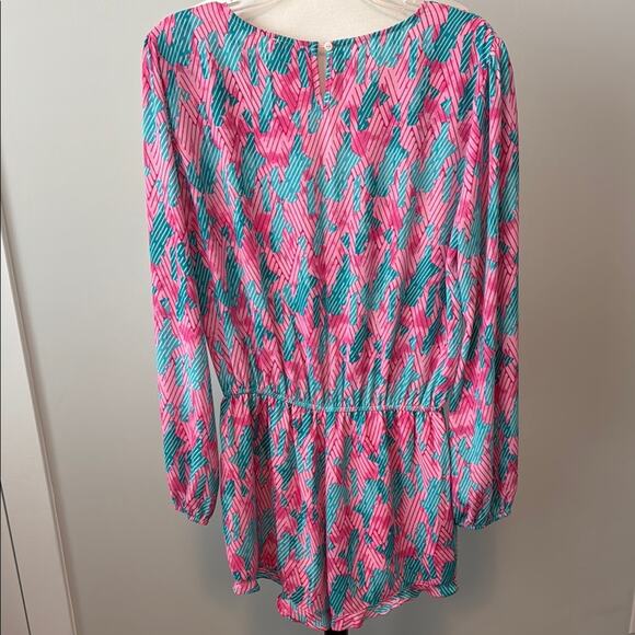 Buddy Love Blue Pink Long Sleeve Shorts V-Neck Romper Women's Large - Picture 7 of 7